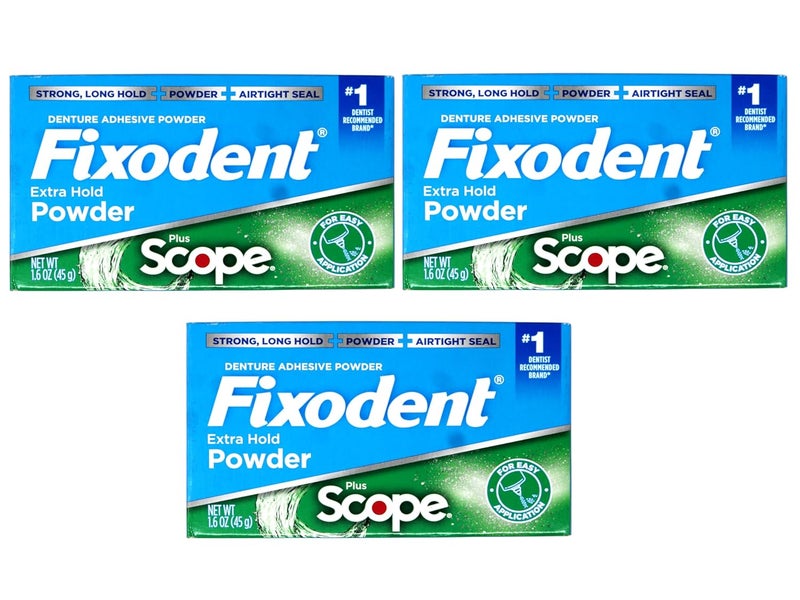 Fixodent Denture Adhesive Powder, Extra Strong, Plus Scope, Strong, Long Hold Powder, Airtight Seal, 1.6 OZ, Pack of 3 - Image 1